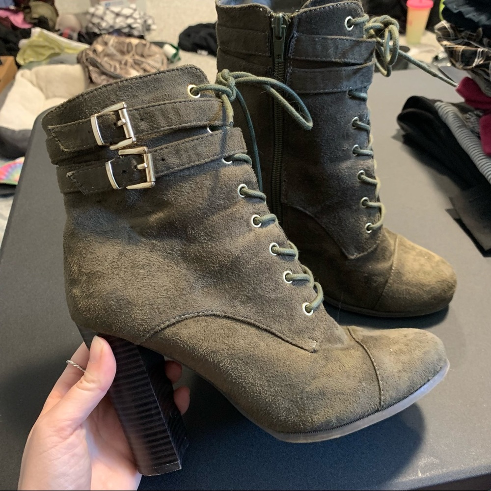 Olive green faux suede lace up buckle booties